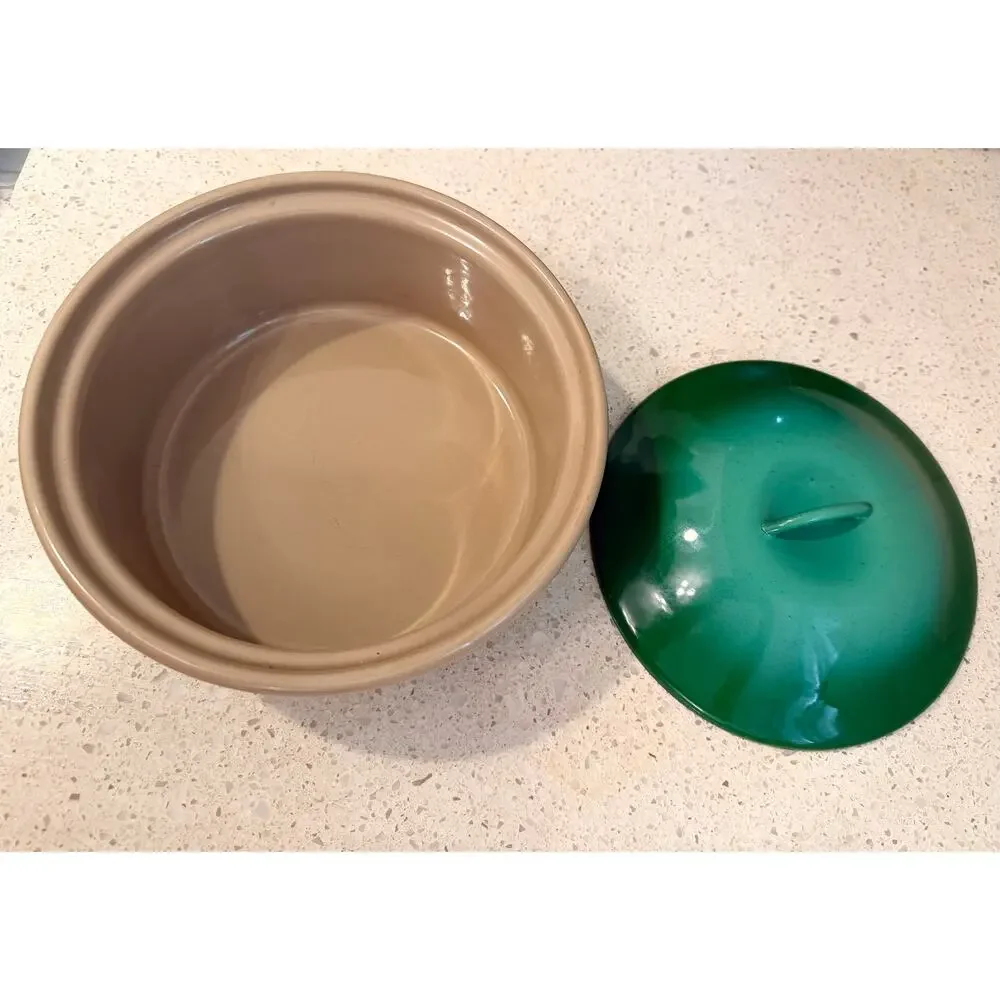 Vintage Green Ombre Enamelware Casserole Dish with Lid, Mid Century Baking